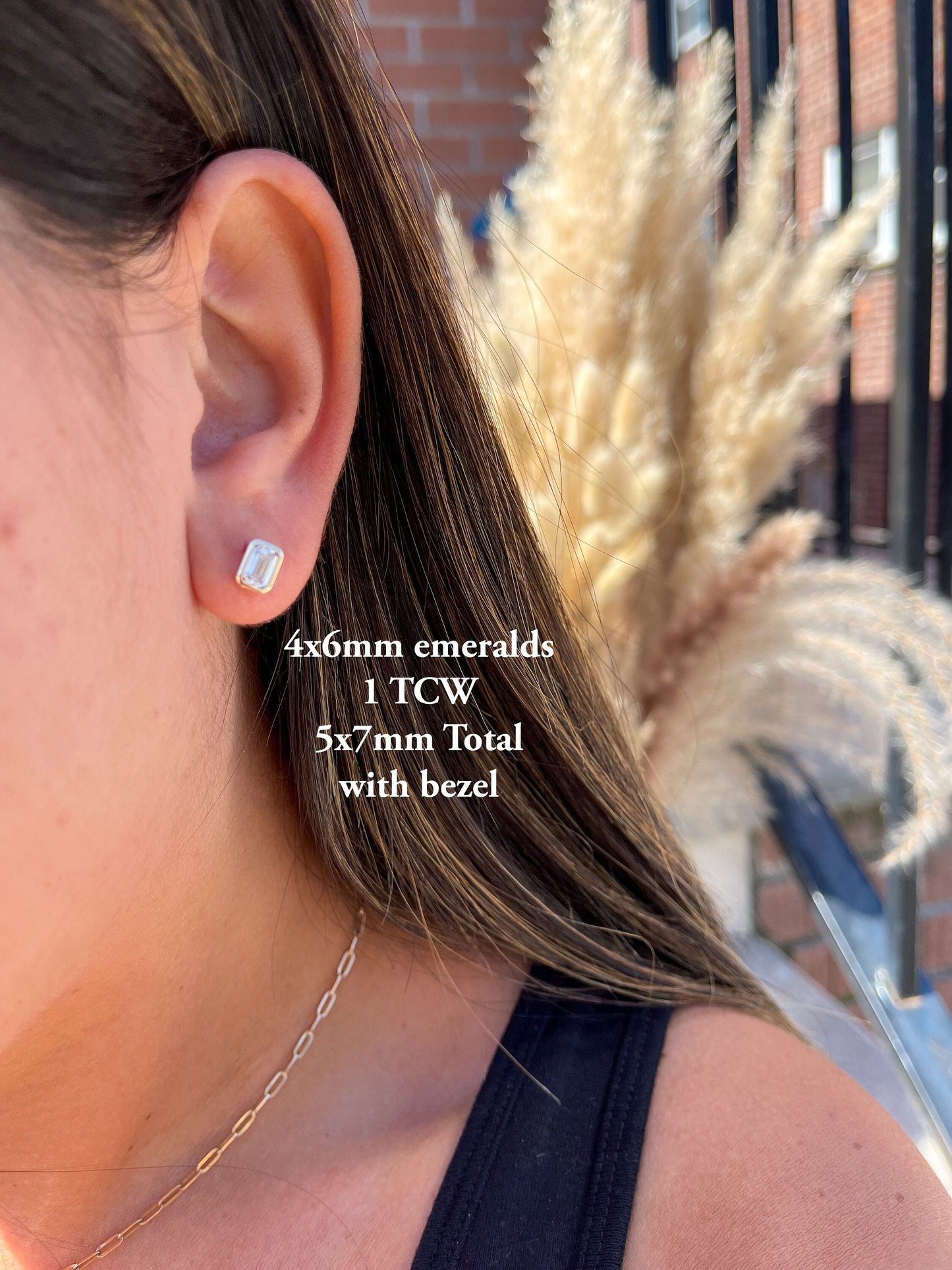 14K Gold Bezel Emerald Pushback  Moissanite Studs