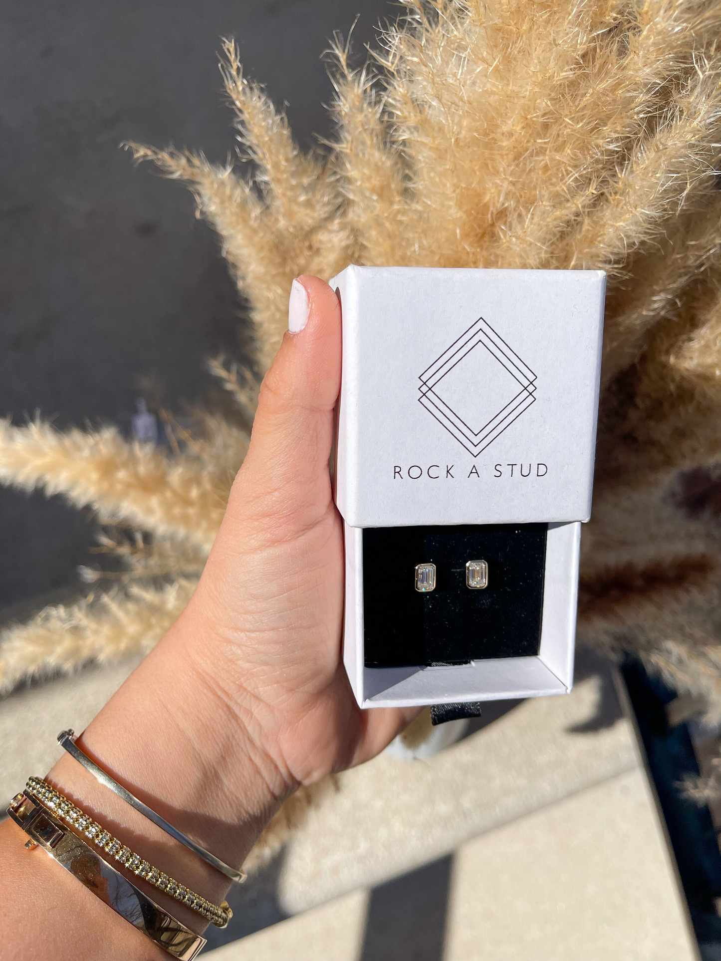 14K Gold Bezel Emerald Pushback  Moissanite Studs