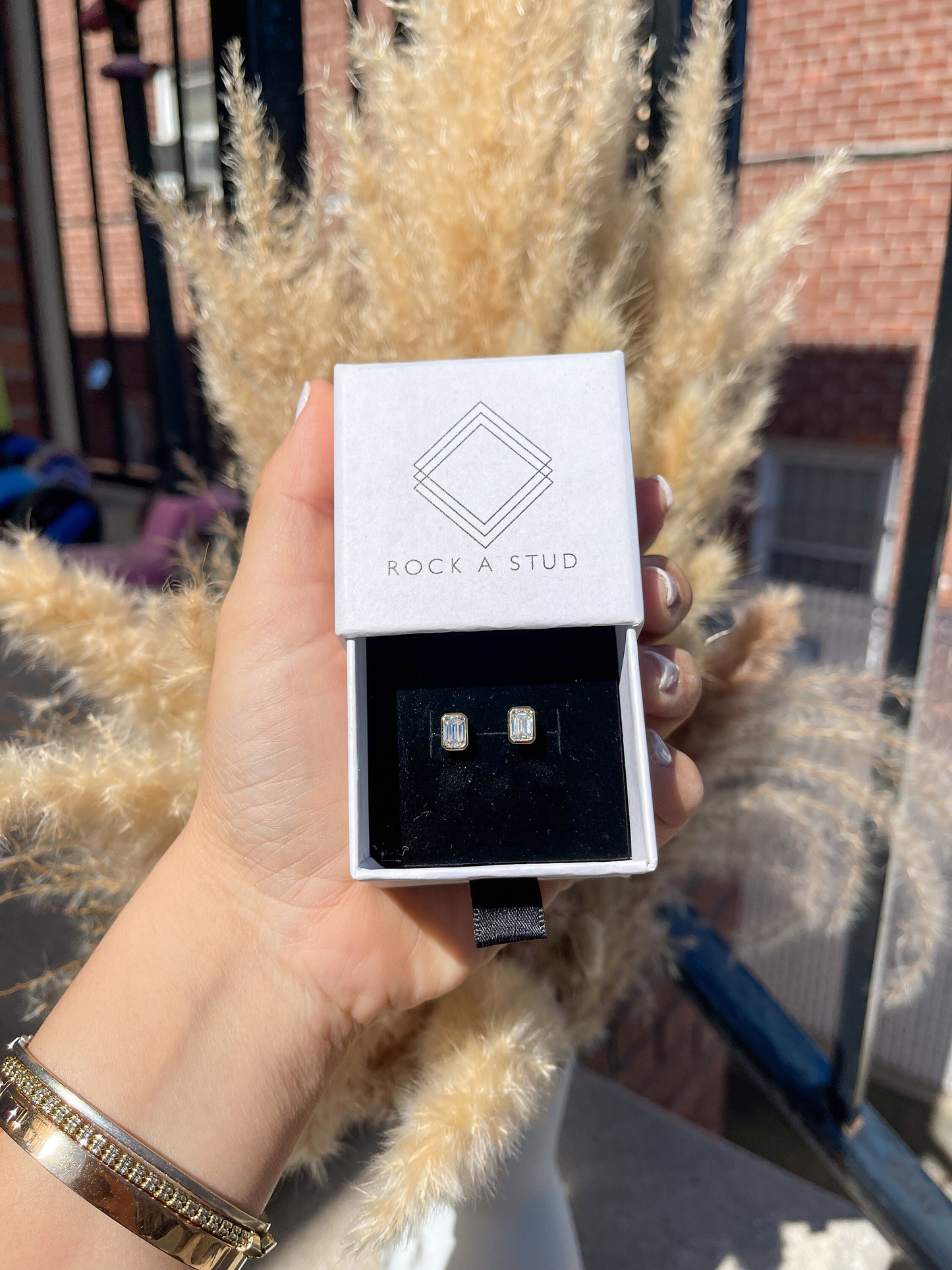 14K Gold Bezel Emerald Pushback  Moissanite Studs