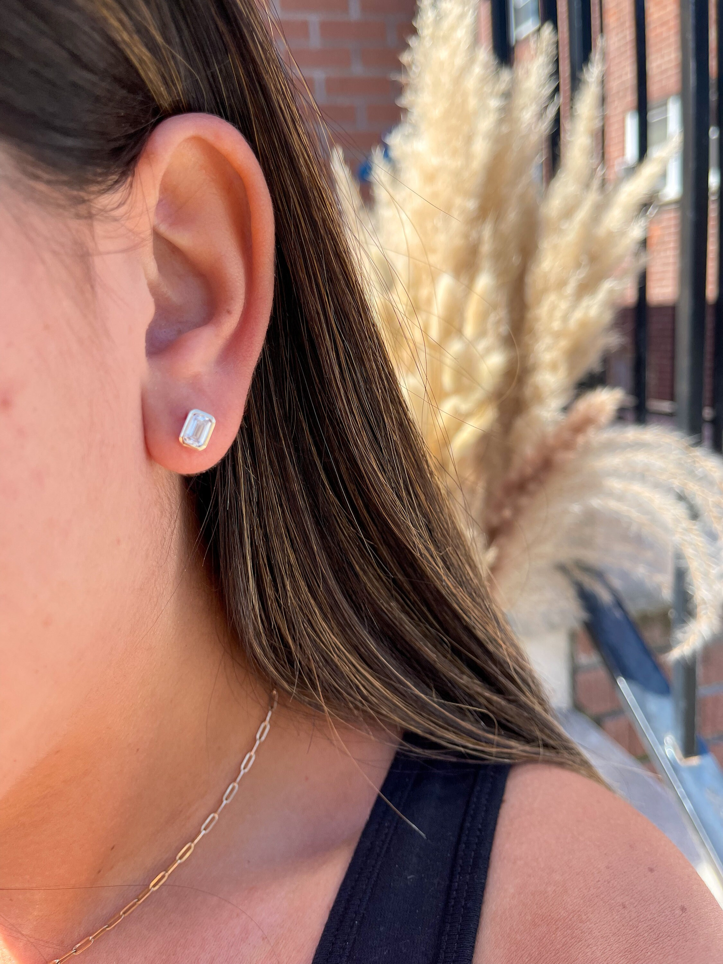 14K Gold Bezel Emerald Pushback  Moissanite Studs