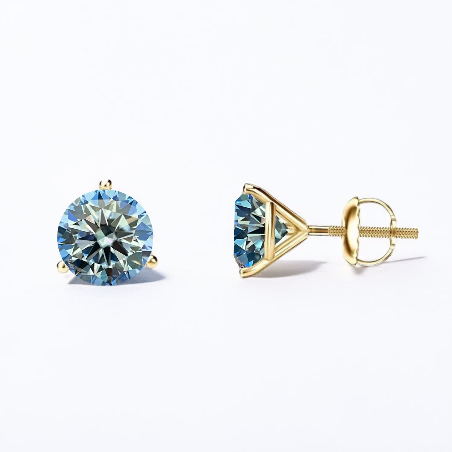 14K Solid Gold Martini 3 Prong Ocean Blue Moissanite Pushbacks Studs