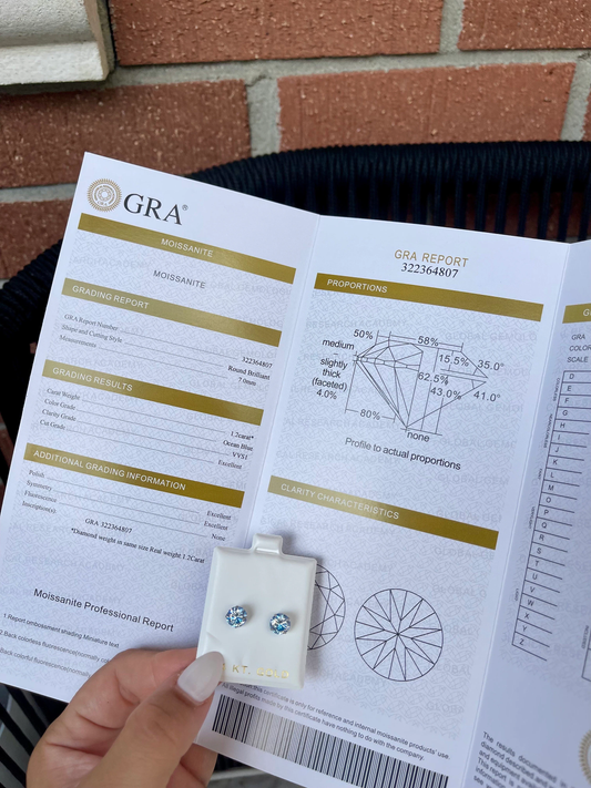 14K Solid Gold Martini 3 Prong Ocean Blue Moissanite Screwback Studs GRA Certified D Color VVS1 Round | Sold As Pair