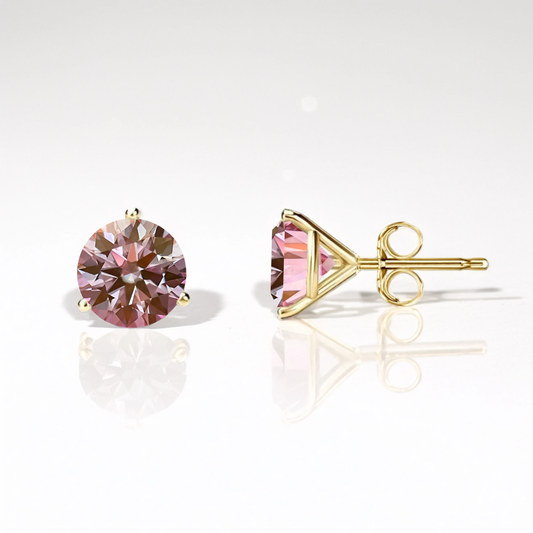 14K Solid Gold Martini Pushback 3 Prong Pink Moissanite Pushbacks Studs
