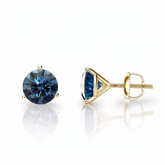 14K Solid Gold Martini 3 Prong Dark Blue Moissanite Screwback Studs - GRA Certified D Color VVS1 (Sold As Pair)