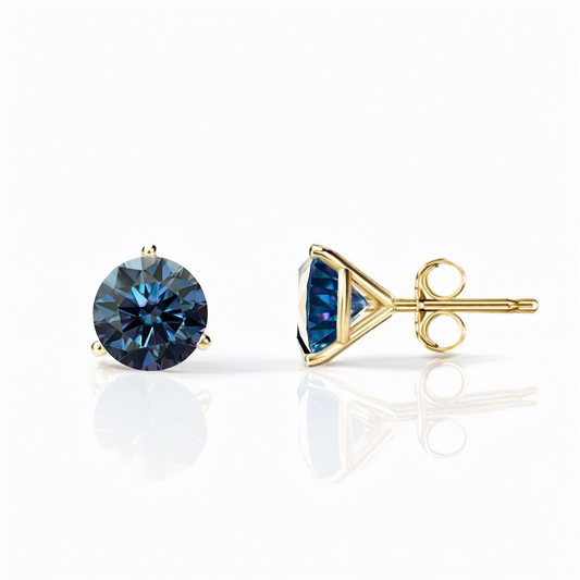 14K Solid Gold Martini 3 Prong Dark Blue Moissanite Pushback Studs