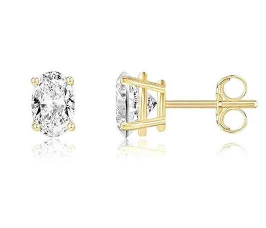 D Color VVS1 Oval Moissanite Studs | Solid Gold Solitaire 4 Prong