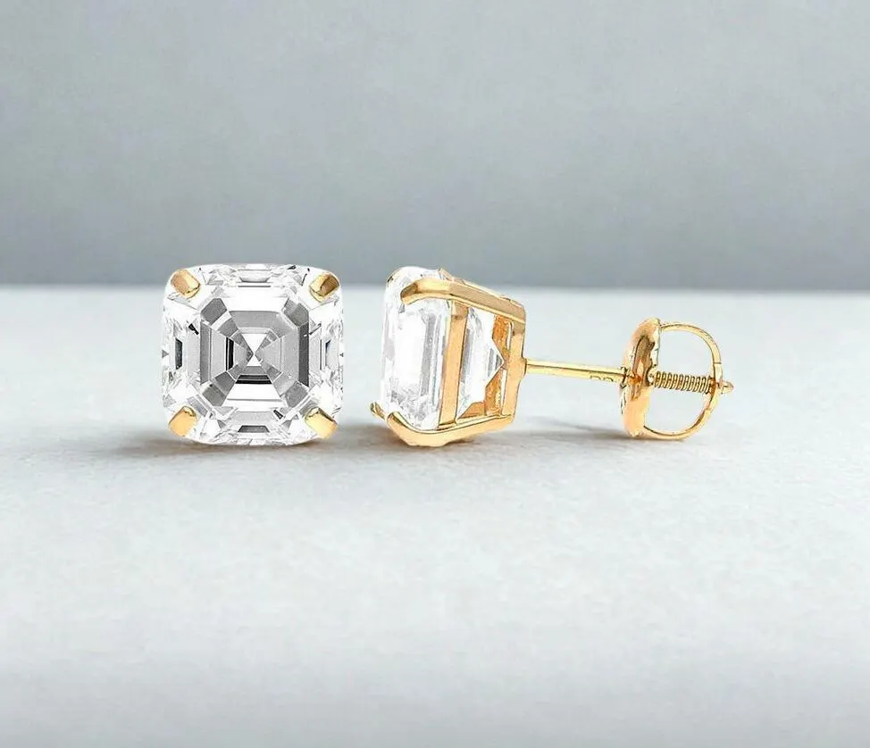 14K GRA Certified Moissanite Asscher Cut Studs • Solitaire 4 Prong Heavy Basket Setting Studs • Moissanite Asscher Cut Earrings