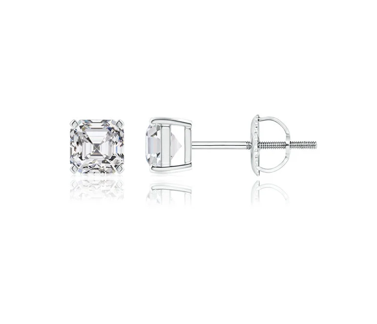 14K GRA Certified Moissanite Asscher Cut Studs • Solitaire 4 Prong Heavy Basket Setting Studs • Moissanite Asscher Cut Earrings