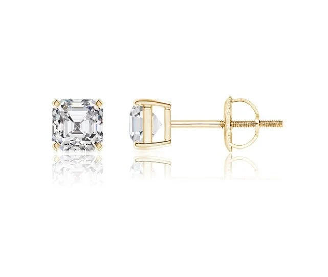14K GRA Certified Moissanite Asscher Cut Studs • Solitaire 4 Prong Heavy Basket Setting Studs • Moissanite Asscher Cut Earrings