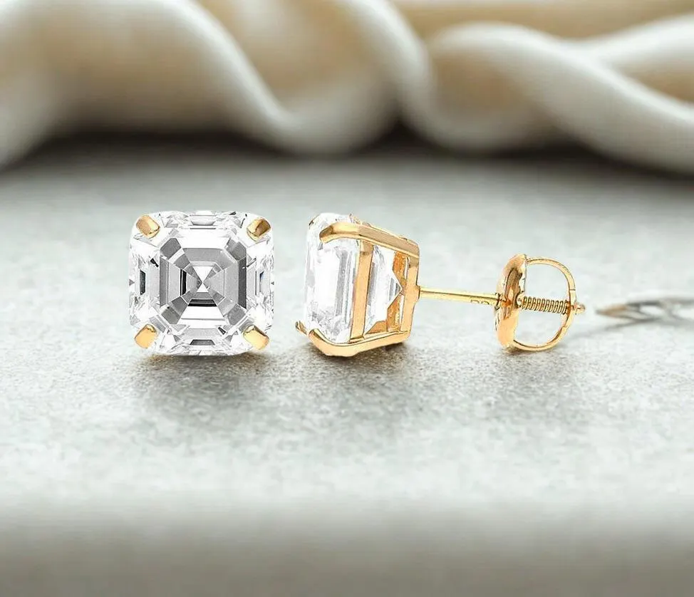 14K GRA Certified Moissanite Asscher Cut Studs • Solitaire 4 Prong Heavy Basket Setting Studs • Moissanite Asscher Cut Earrings