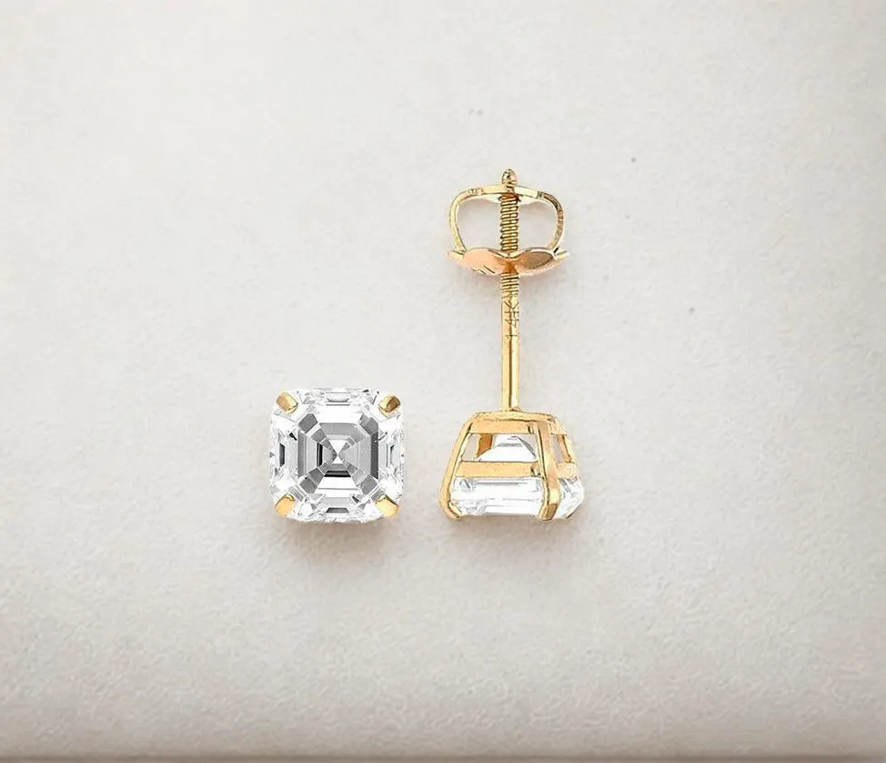 14K GRA Certified Moissanite Asscher Cut Studs • Solitaire 4 Prong Heavy Basket Setting Studs • Moissanite Asscher Cut Earrings