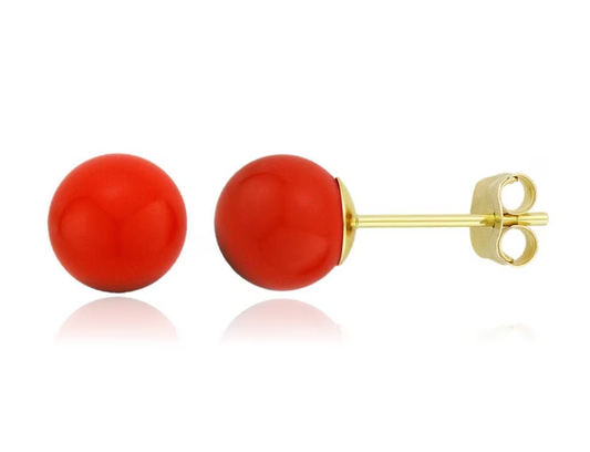 14K Solid Gold Red Coral Ball Studs- Pushbacks- Red Coral Sphere Ball Studs