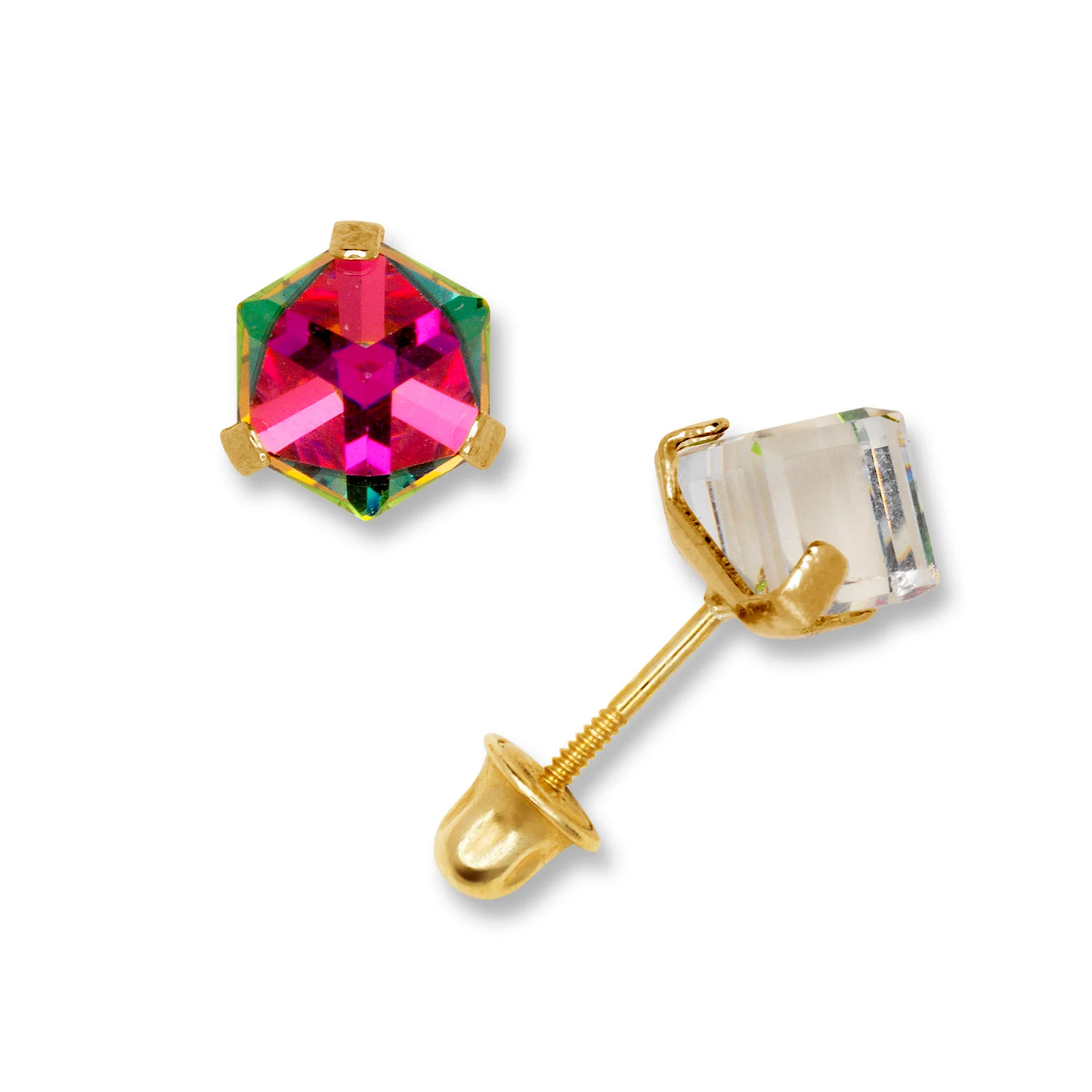 14K Solid Gold Crystal ball Studs | Hexagon Iridescent Screw back Studs
