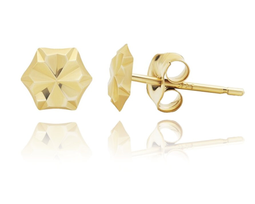 14K Gold Pair of Hexagon Studs | Hexagon Earrings | Pushbacks | Six Sided Diamond Cut Studs