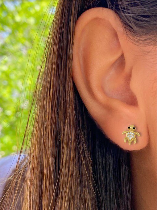 14K Gold Adorable Sea Turtle Studs | 14K Gold Turtle earrings Set With Birthstones | Little Turtle Studs