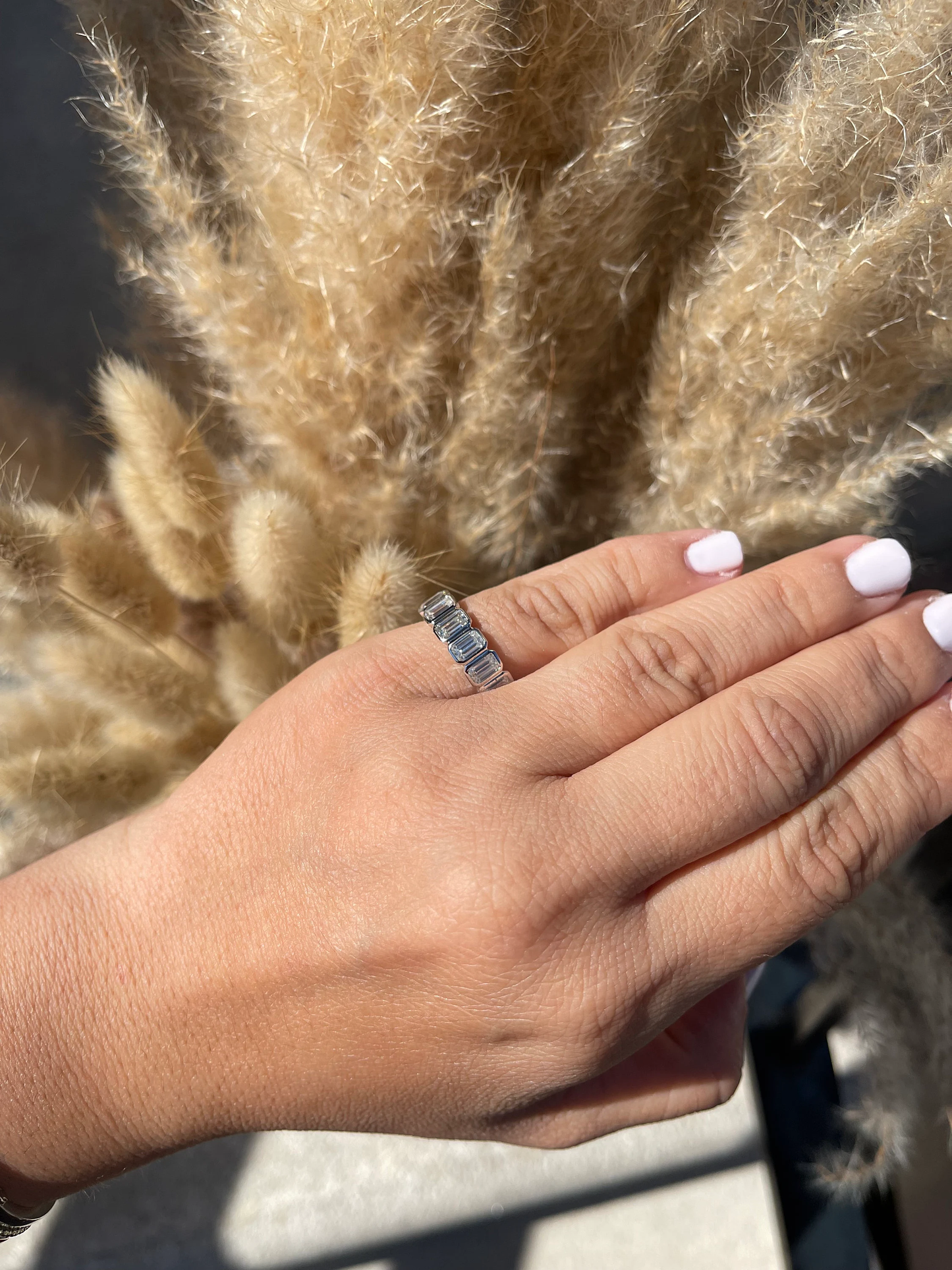 14K Gold Bezel Emerald Eternity Ring • Bezel Ring • Emerald Bezel Eternity Band • Moissanite Wedding Bands