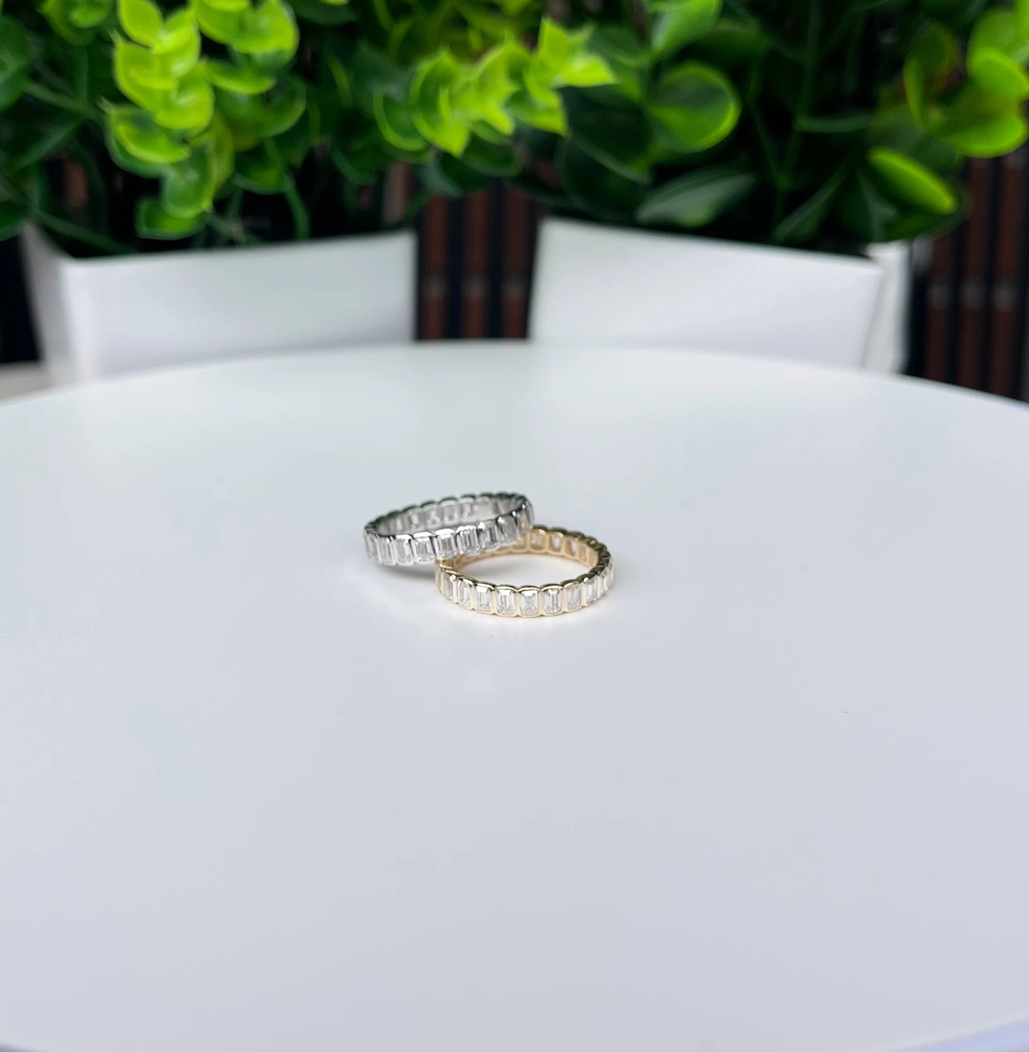 14K Gold Bezel Emerald Eternity Ring • Bezel Ring • Emerald Bezel Eternity Band • Moissanite Wedding Bands