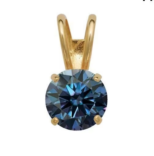 14K Gold GRA Certified Round Blue Moissanite Pendant • Blue Round Pendant