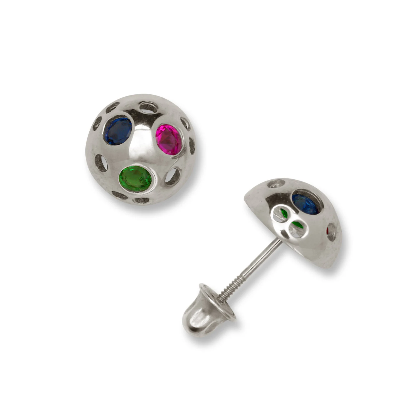 14K Solid Gold Half Ball Shaped Studs | Ruby Emerald and Sapphire Ball