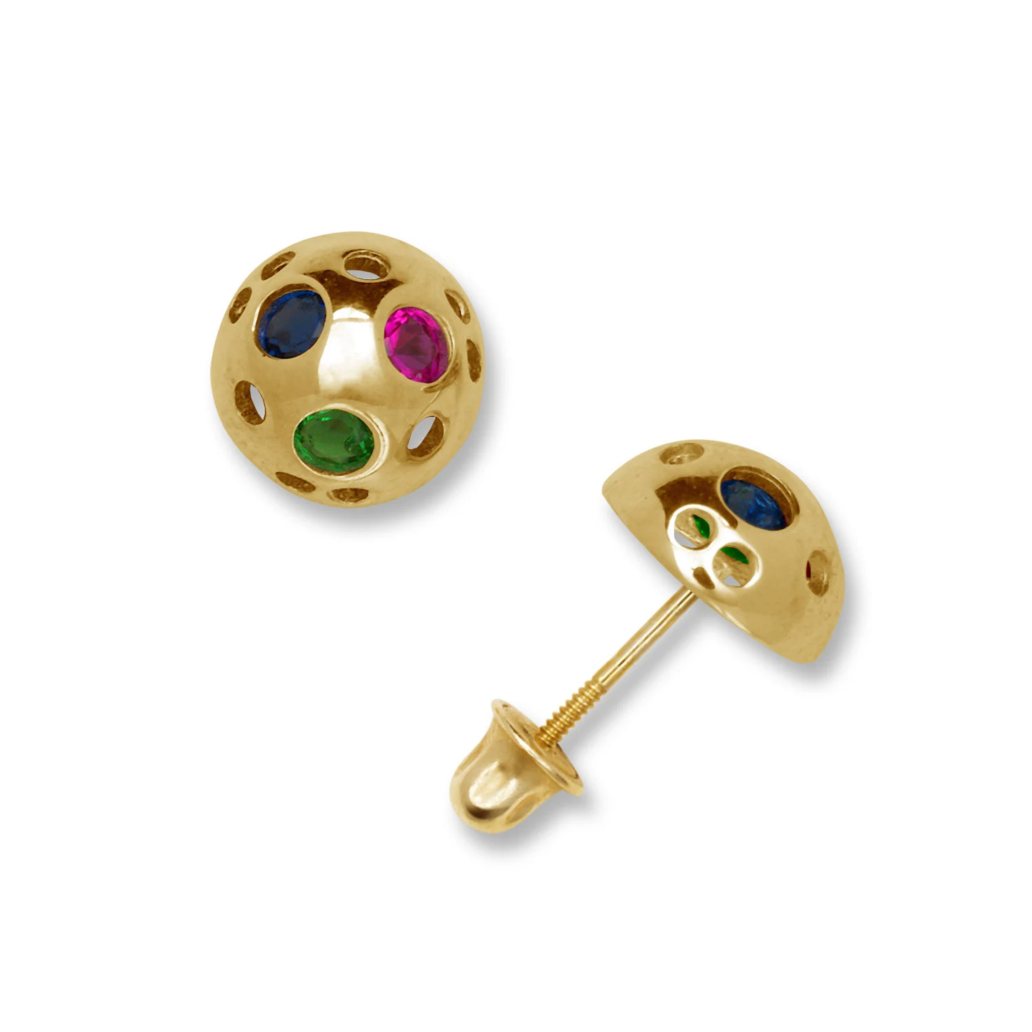 14K Solid Gold Half Ball Shaped Studs | Ruby Emerald and Sapphire Ball