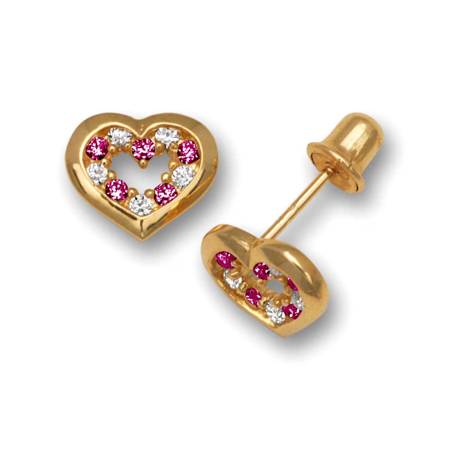 14K Solid Gold Heart Shaped Birthstone Earrings| Screw back Heart Studs