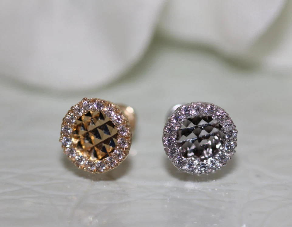 14K Pure Solid White/Yellow Gold Round Disc Set With Cubic Zirconia Halo Screw-Back Stud Earrings