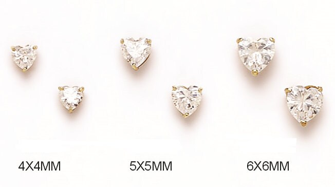 14K Solid Gold Classy Heart Cut Screwback Studs | Gold Heart Solitaire Earrings | Gold 3 Prong Heart CZ Studs