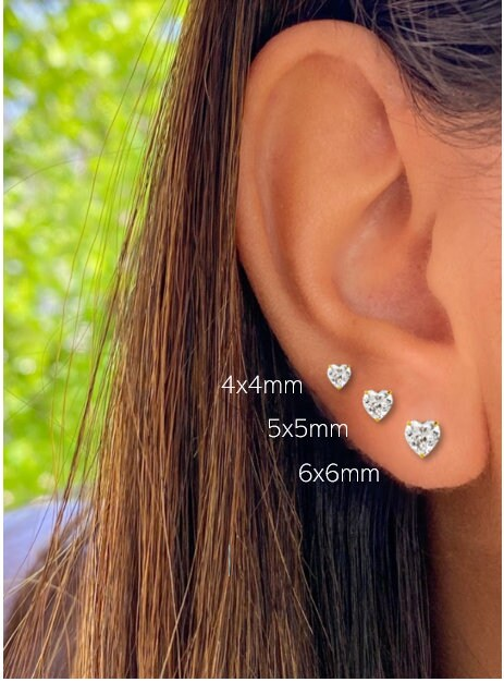 14K Solid Gold Classy Heart Cut Screwback Studs | Gold Heart Solitaire Earrings | Gold 3 Prong Heart CZ Studs