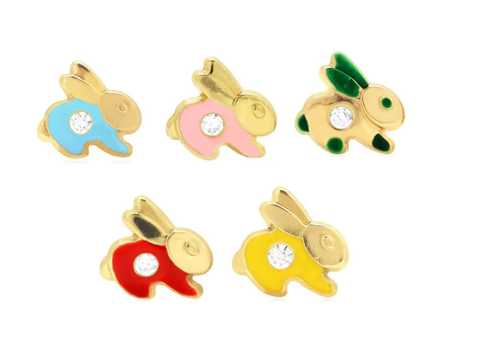 14K Solid Gold Enamel Rabbit Screwback  Studs