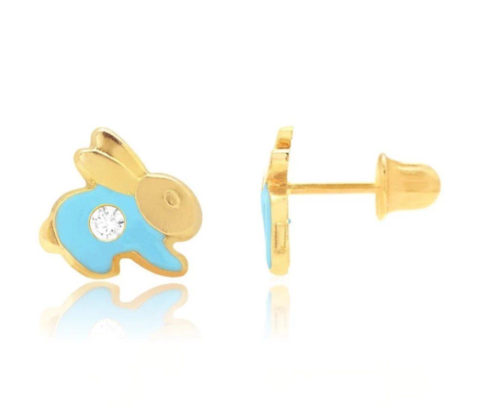 14K Solid Gold Enamel Rabbit Screwback  Studs
