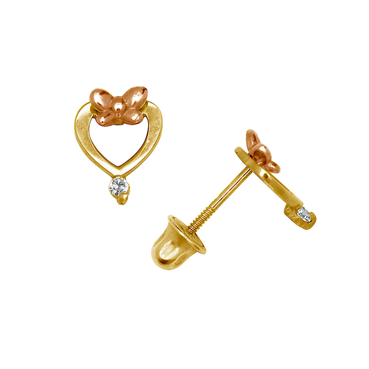 14K Gold Tiny Heart Stud Earrings Set With Bow and CZ