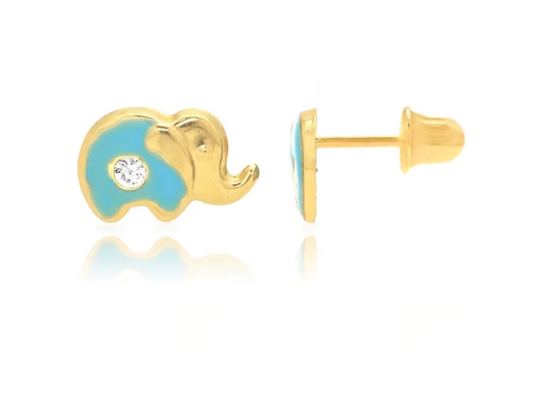 14K Solid Gold Enamel Elephant Studs| Screwback Enamel Girls Studs