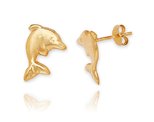 14K Solid Gold Adorable Dolphin Stamp Stud Pushback Earrings
