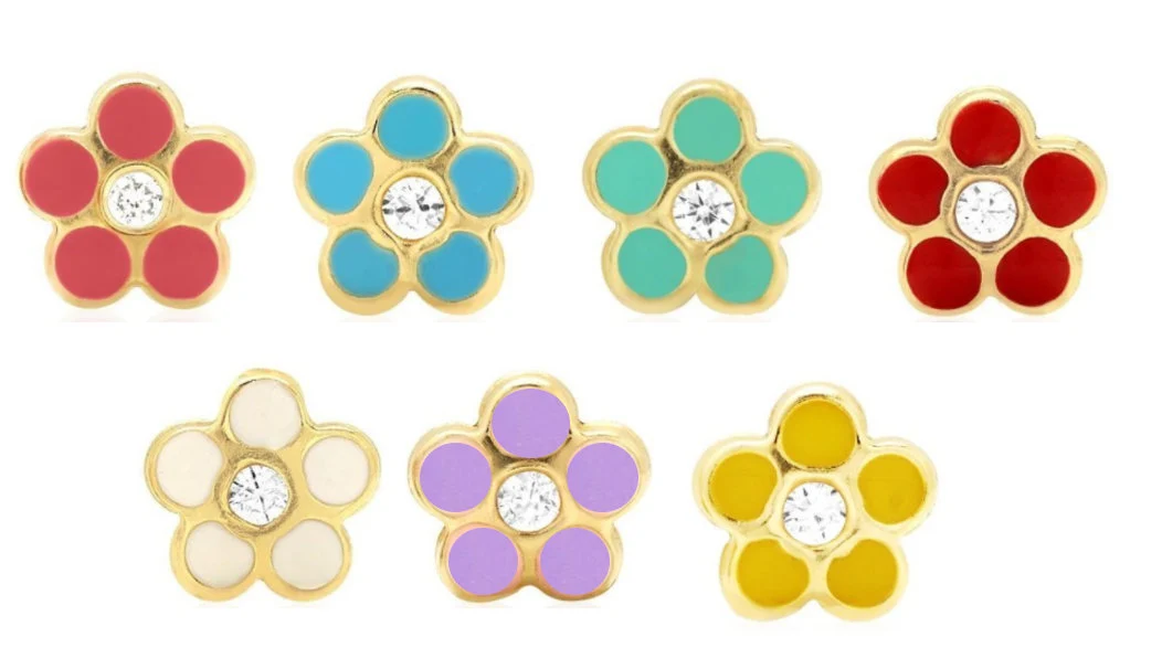 14K Solid Gold Enamel Flower Studs Set With CZ | 5mm Screwback Enamel Girls Studs