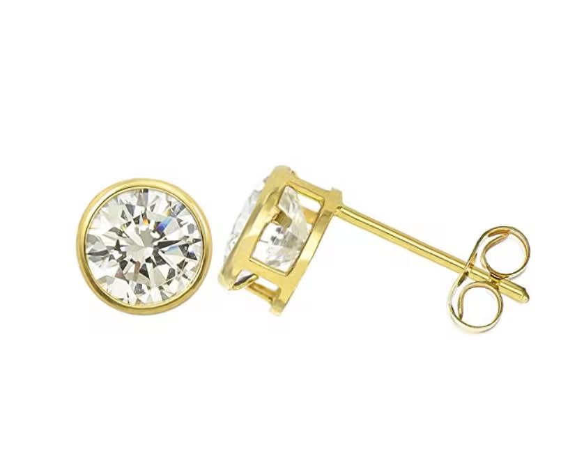 14K Solid Gold Round Bezel Earrings Set With AAA CZ