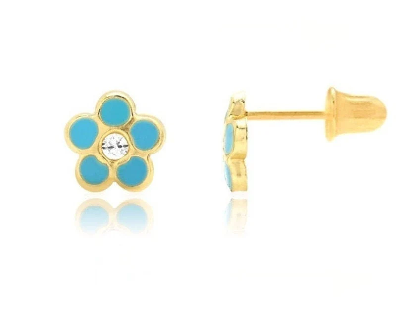 14K Solid Gold Enamel Flower Studs| Screwback Enamel Girls Studs | Girls Earrings | 14K Gold Kids Jewelry
