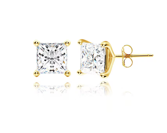 14K Solid Gold Princess Cut Pushbacks Studs | Gold Princess Solitaire Earrings | Gold Princess CZ Studs