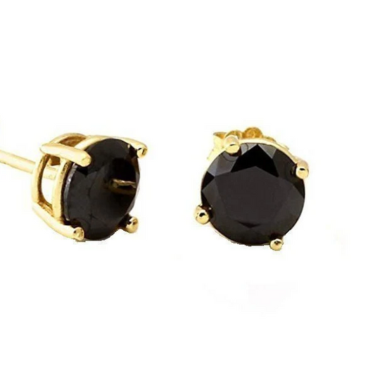 14K Solid Gold 4 Prong Basket Set With Black Round-Cut Cubic Studs