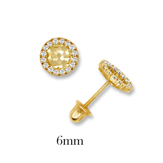 14K Solid Yellow/White Gold Round Shape Screw Back Earrings Set With CZ