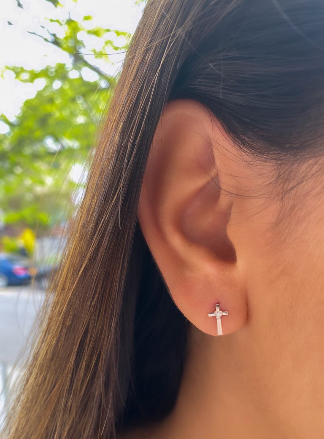 14K Pure Solid White/Yellow Gold Cross Earrings Set With Cubic Zirconia Screw-Back Studs