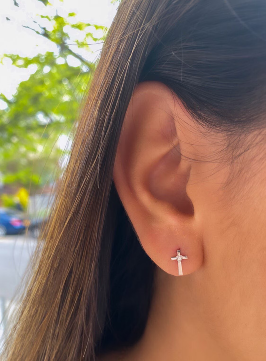 14K Pure Solid White/Yellow Gold Cross Earrings Set With Cubic Zirconia Screw-Back Studs