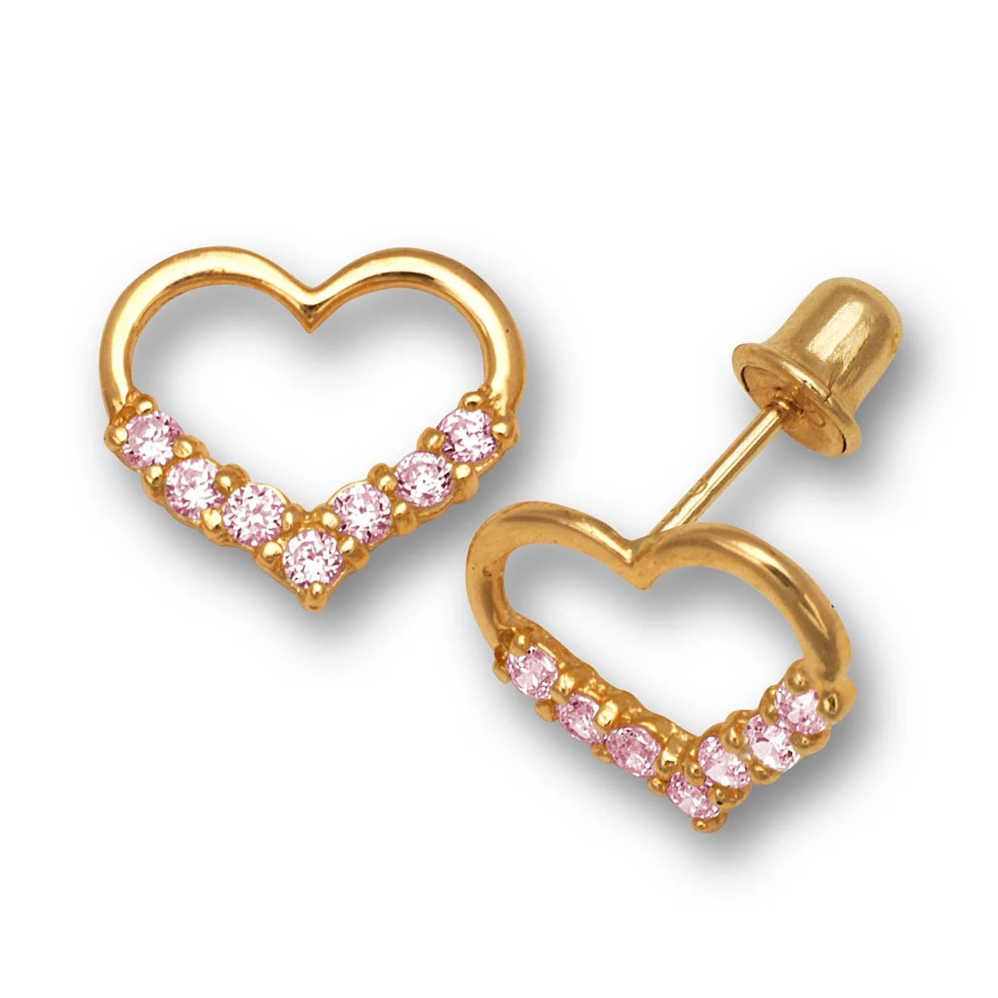 14K Pure Solid Yellow Gold Heart Shape Halo Screw Back Studs Set With White & Ruby Pink CZ