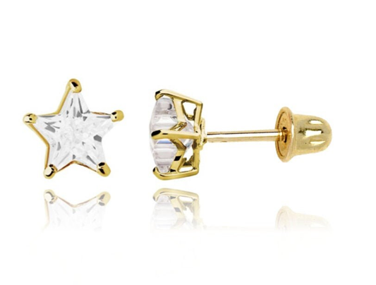 14K Solid Gold Classy Star Cut Screwbacks Prong Studs