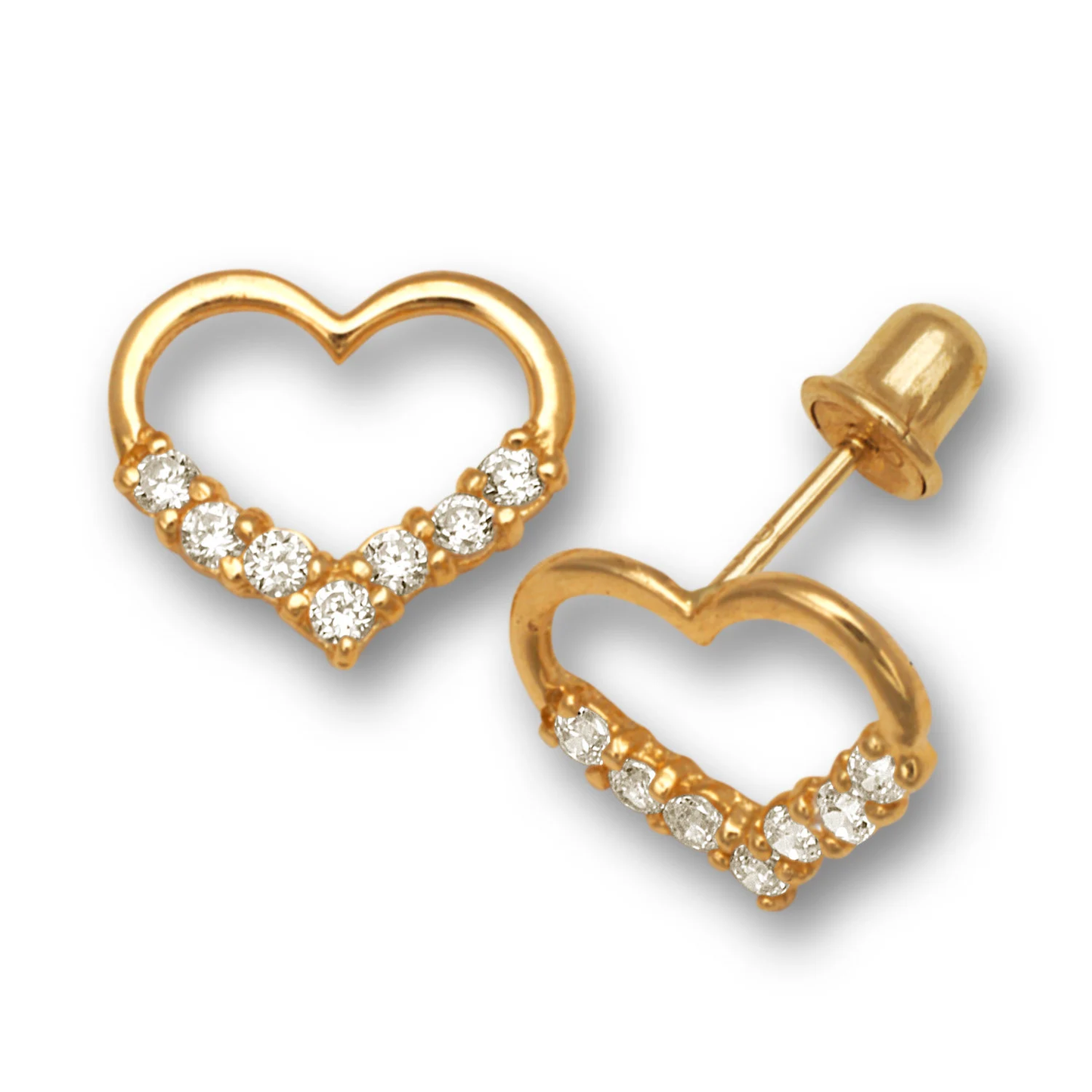 14K Pure Solid Yellow Gold Heart Shape Halo Screw Back Studs Set With White & Ruby Pink CZ
