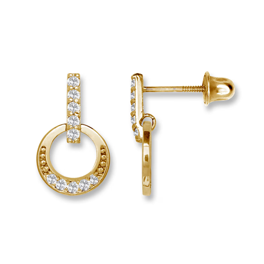 14K Solid Yellow/White Gold Round Dangle Shape Screw Back Earrings Set With CZ -7x12mm Micro Pave Christmas Gifts- FREE SHIPPING