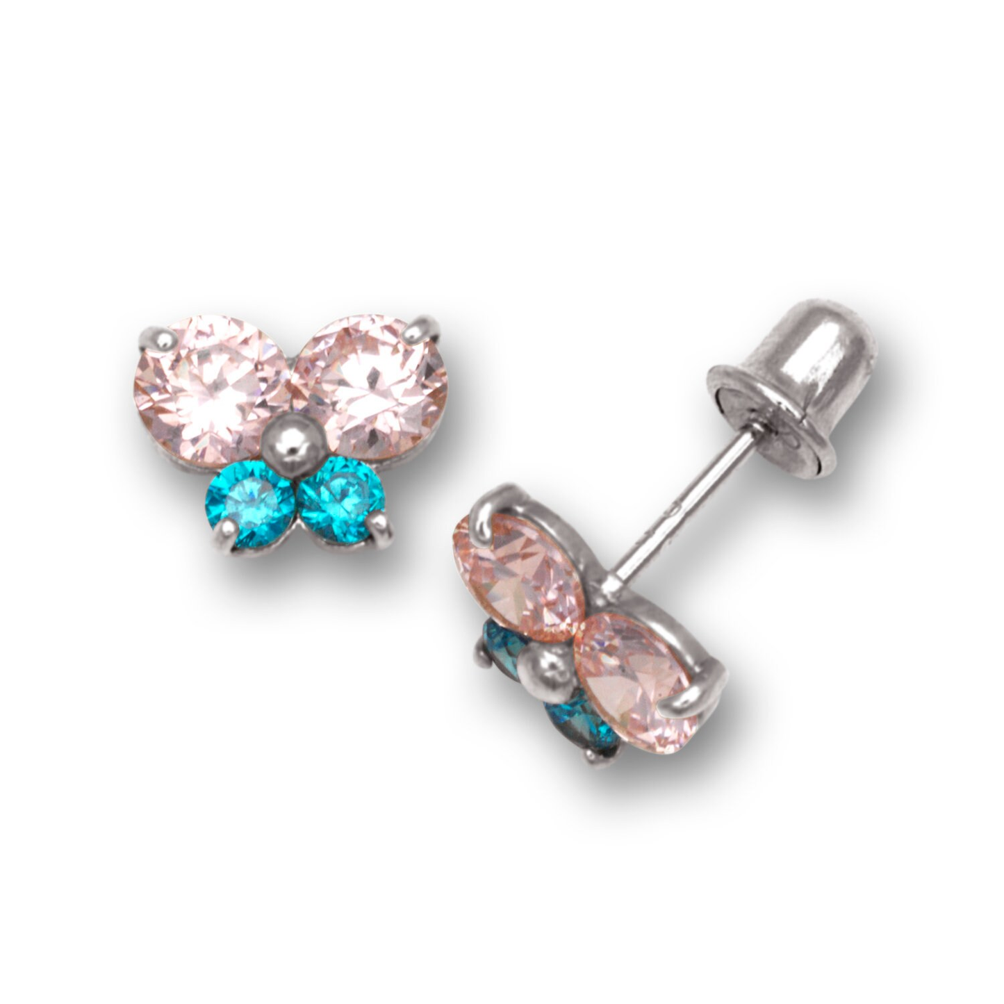 14K Pure Solid Yellow Gold/ White Gold  Butterfly Shape Screw Back Studs Set With Pink And Blue CZ