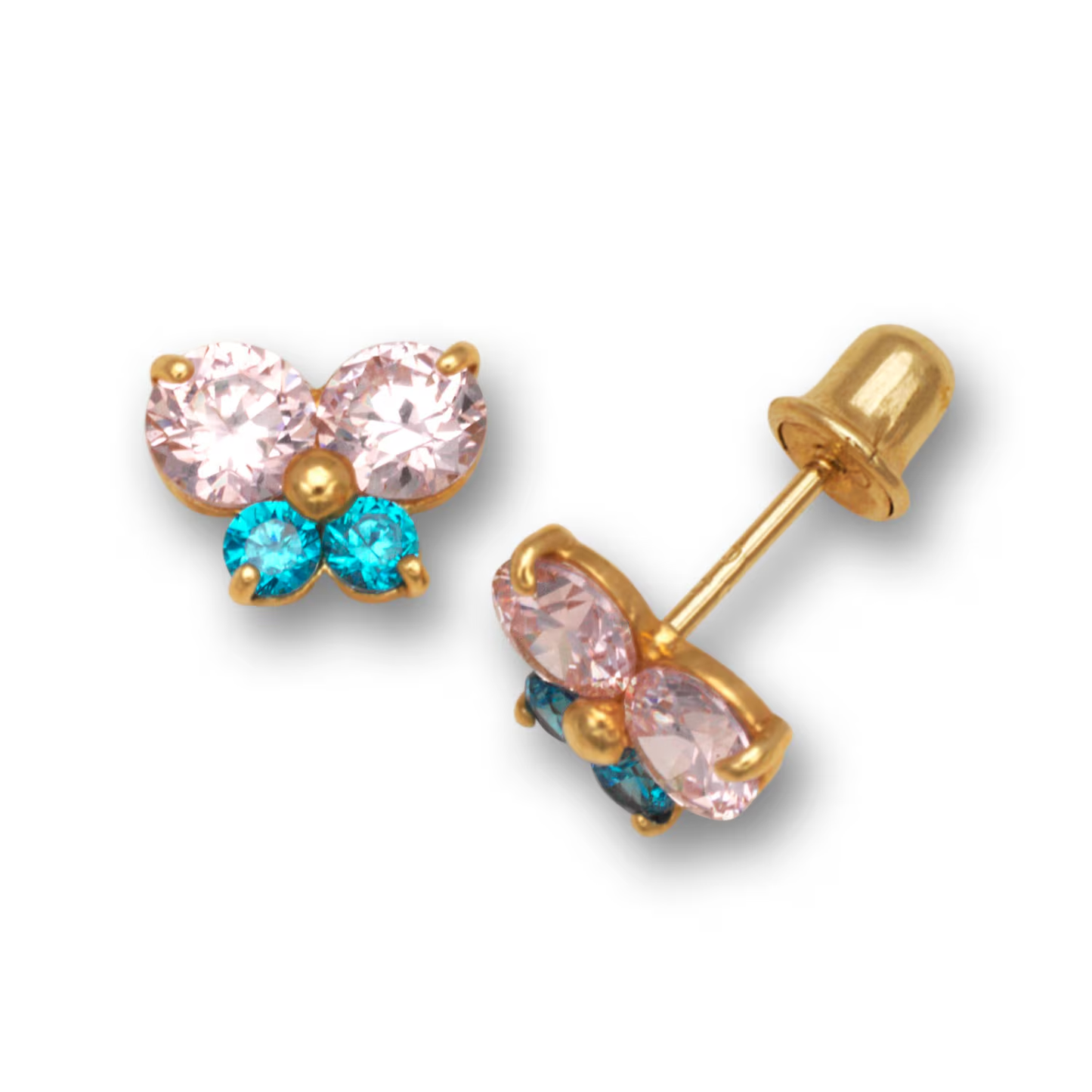 14K Pure Solid Yellow Gold/ White Gold  Butterfly Shape Screw Back Studs Set With Pink And Blue CZ