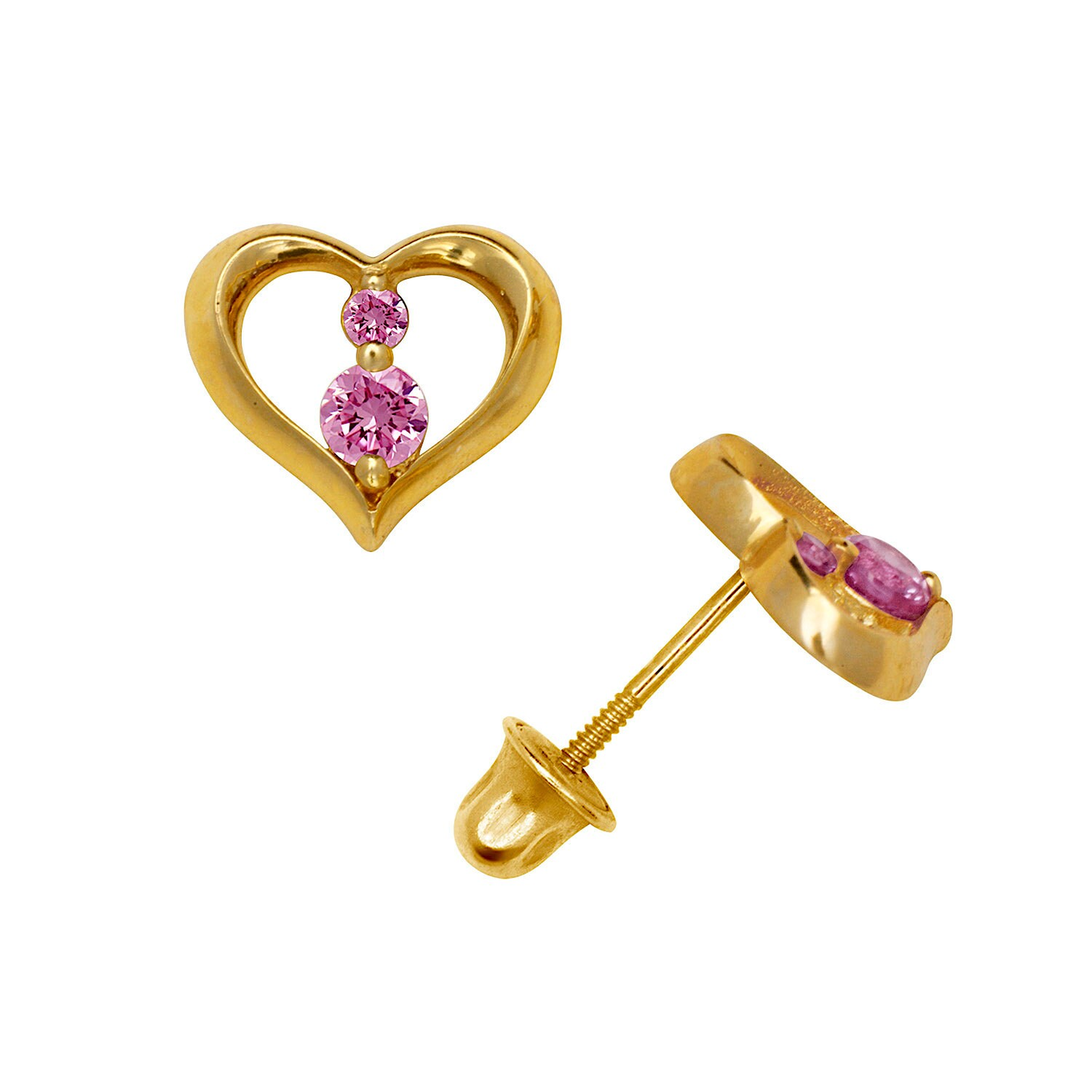 14K Solid Yellow And White Gold Dainty Open Heart Screwbacks Earrings Set With Round Birthstones