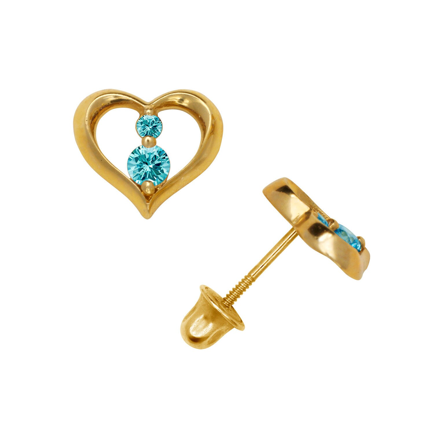 14K Solid Yellow And White Gold Dainty Open Heart Screwbacks Earrings Set With Round Birthstones
