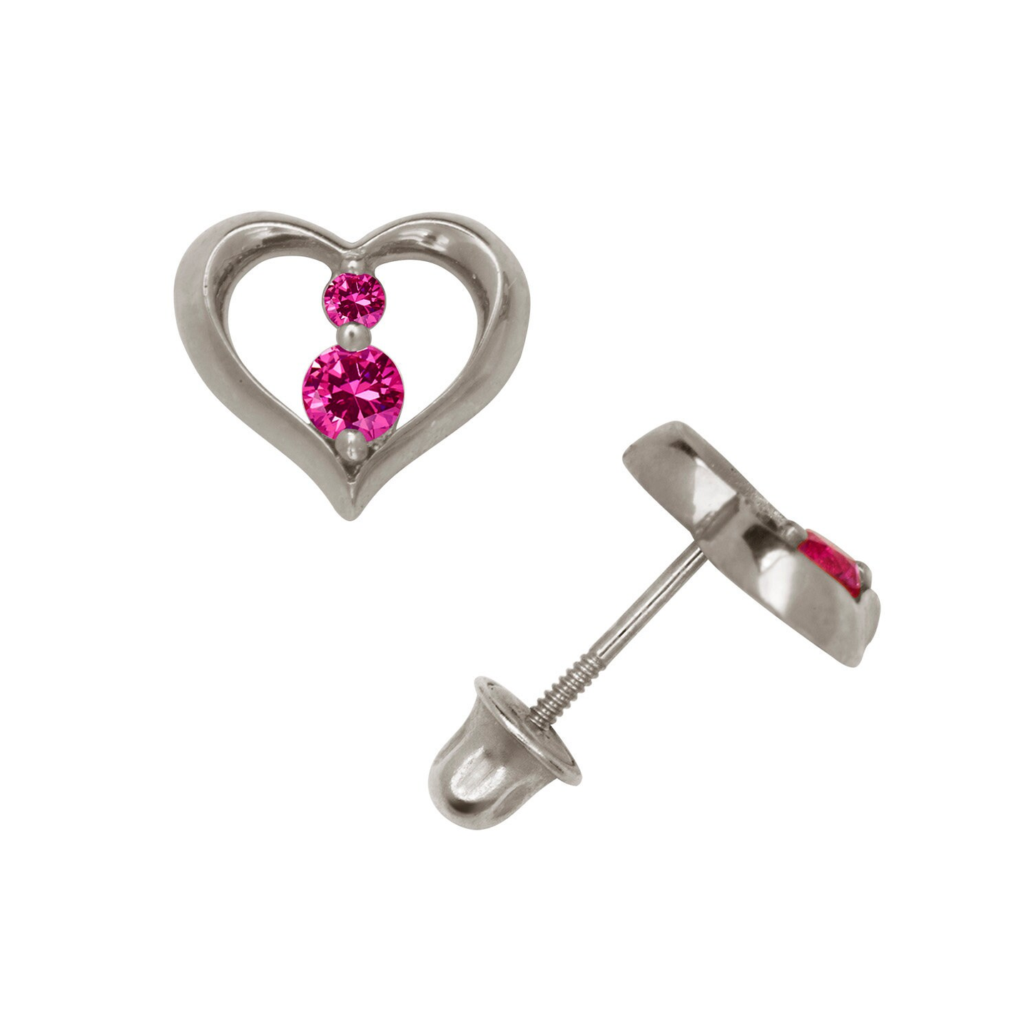 14K Solid Yellow And White Gold Dainty Open Heart Screwbacks Earrings Set With Round Birthstones